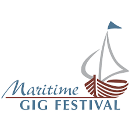 Logo for the Gig Harbor Festival's Maritime Gig Festival, featuring a stylized boat with a blue sail above the event name in blue and brown text. - Jax Salon and Spa