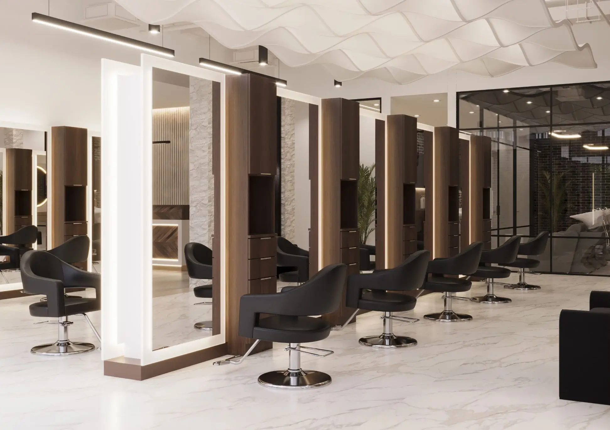 Styling 2 Modern hair salon interior with black styling chairs, large illuminated mirrors, wood accents, and white marble flooring. The space is clean, well-lit, and contemporary in design. - Jax Salon and Spa