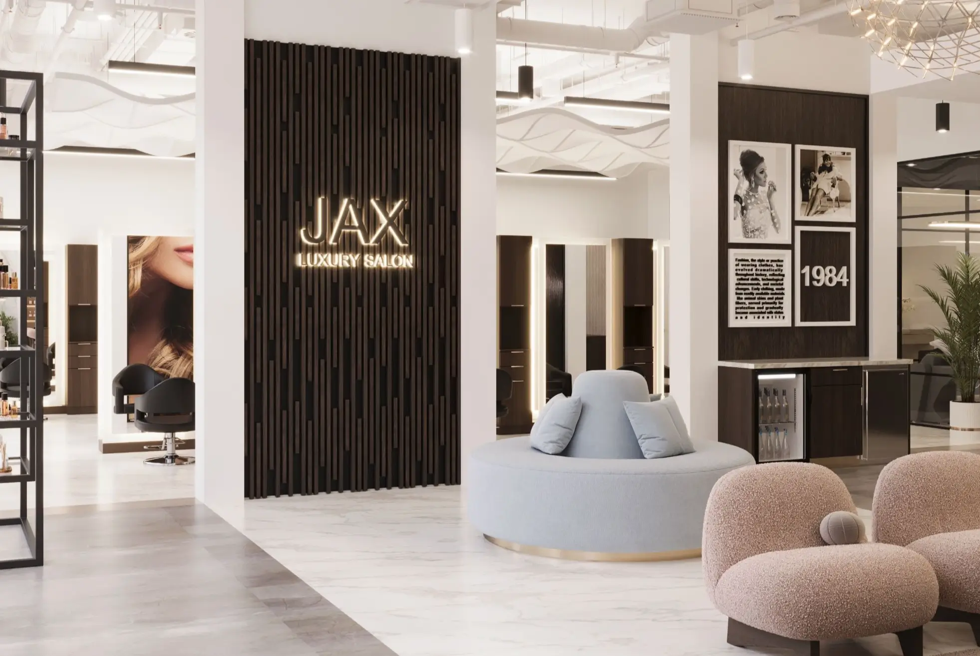 blob (1) copy Modern salon interior with a JAX Luxury Salon sign, seating area with round sofas, wall art, and bright lighting. - Jax Salon and Spa