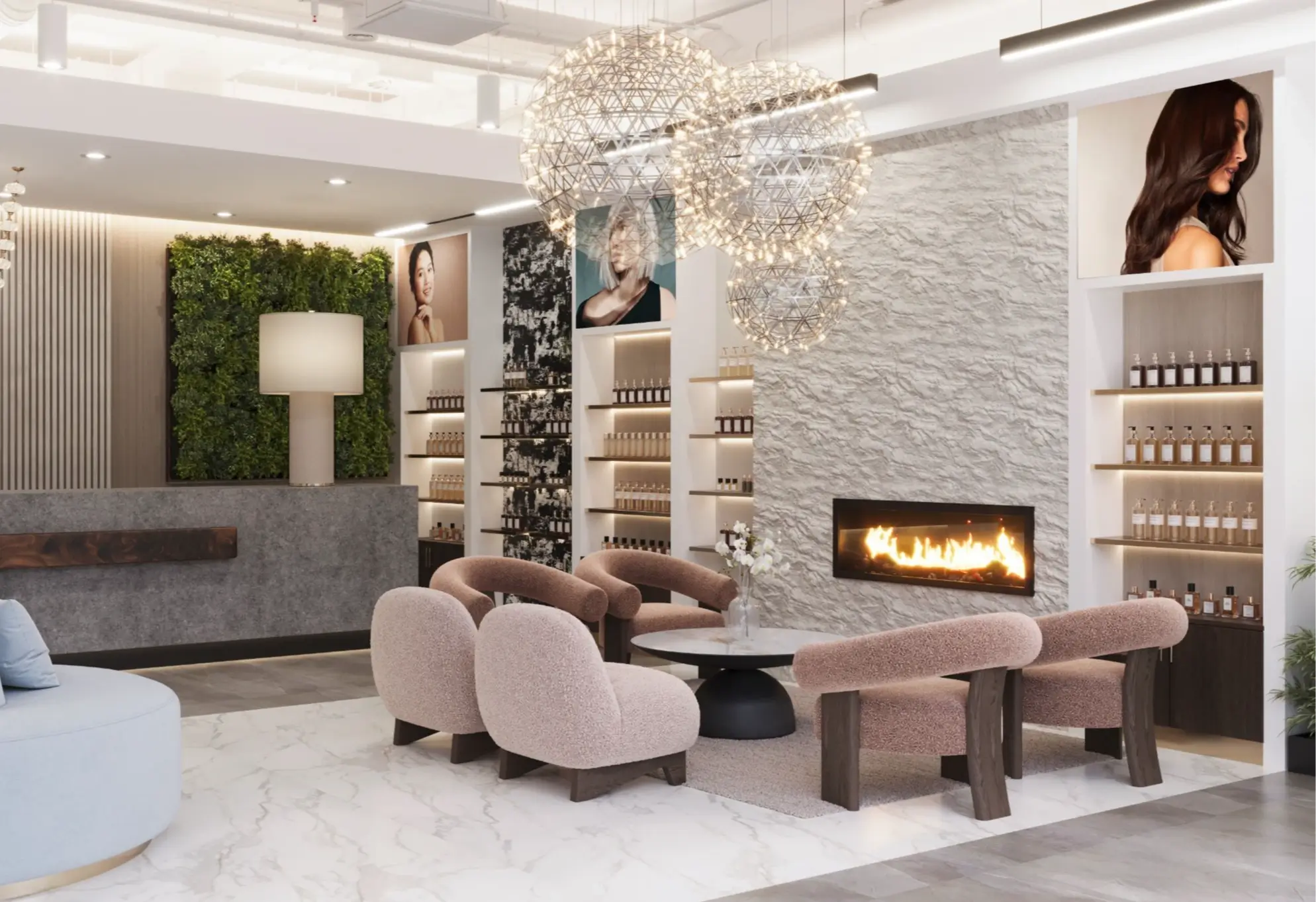 blob (3) copy Modern salon interior with beige chairs around a low table, a linear fireplace, product shelves, large portrait photos, and decorative spherical light fixtures. - Jax Salon and Spa