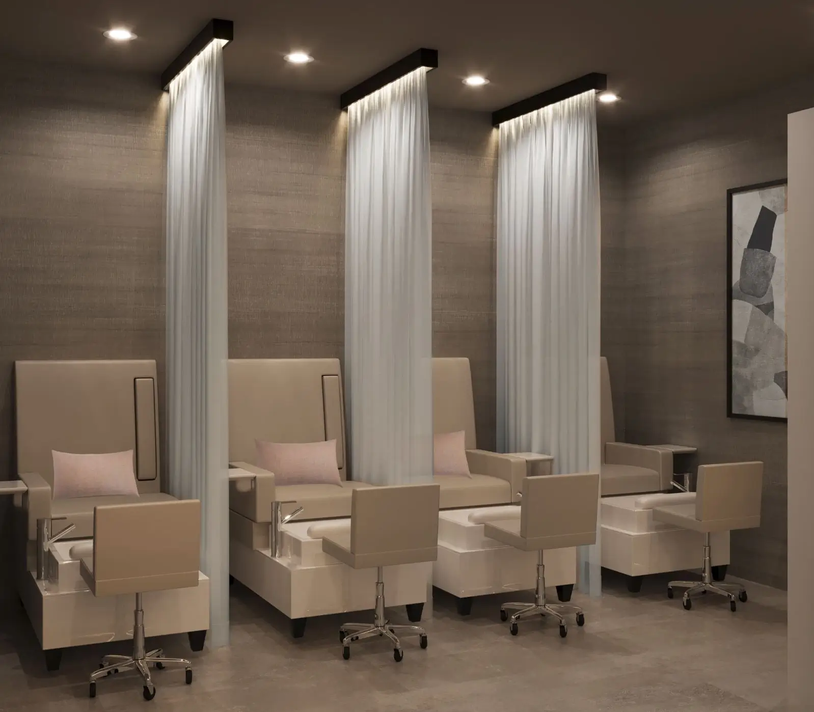 blob (6) Three pedicure stations with beige chairs, small foot tubs, and privacy curtains in a modern, softly lit salon room with neutral decor. - Jax Salon and Spa