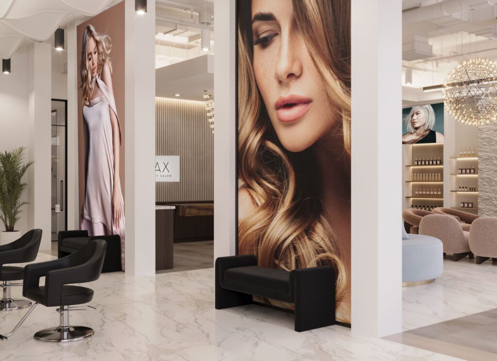Modern salon interior with marble floors, black chairs, wall shelves with products, and large posters of women with styled hair on the walls. - Jax Salon and Spa