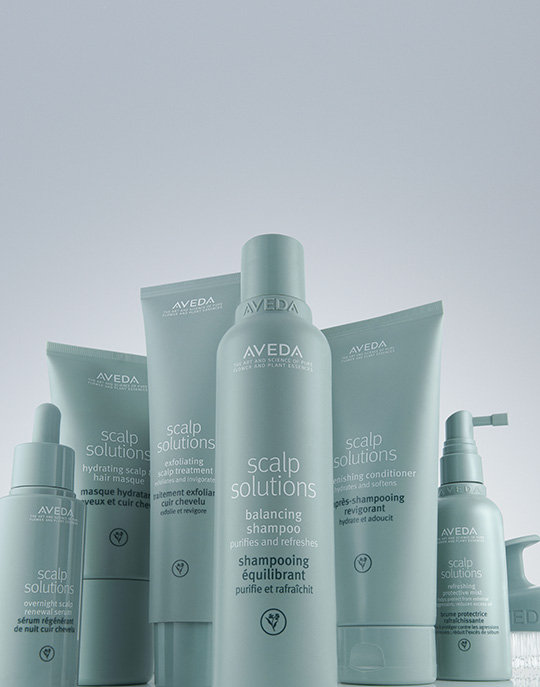 Six Aveda Scalp Solutions hair care products, including shampoo, conditioner, and treatment bottles and tubes for scalp health, are arranged in a group against a light background. - Jax Salon and Spa